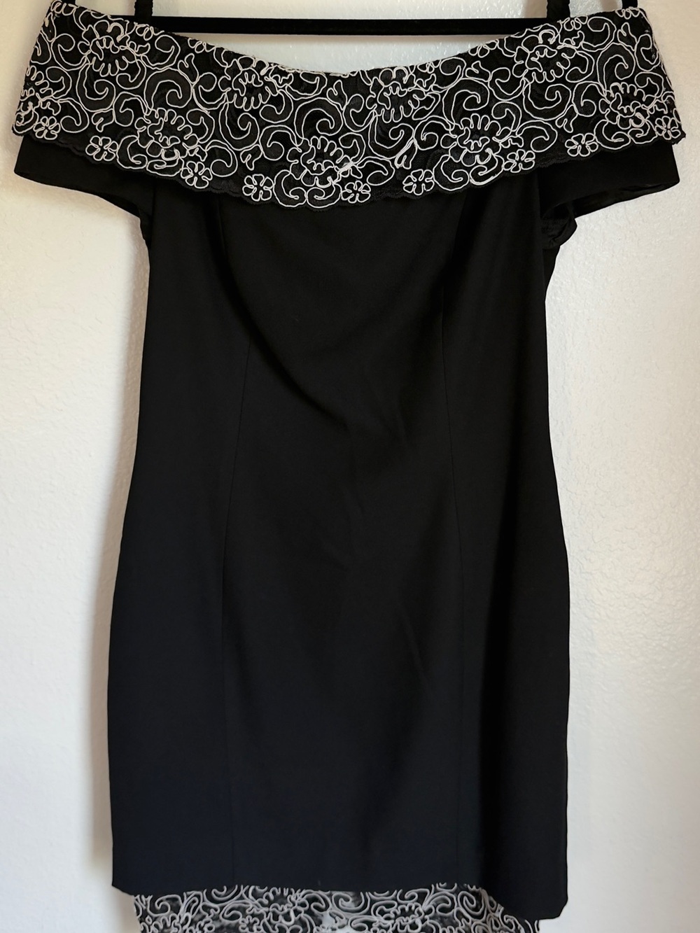 A.J. Bari Black One-Shoulder Dress with White Embroidered Trim